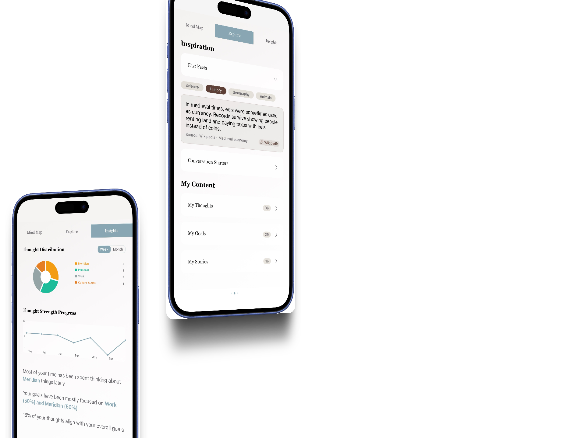 Meridian app showing cognitive exercise features and progress tracking