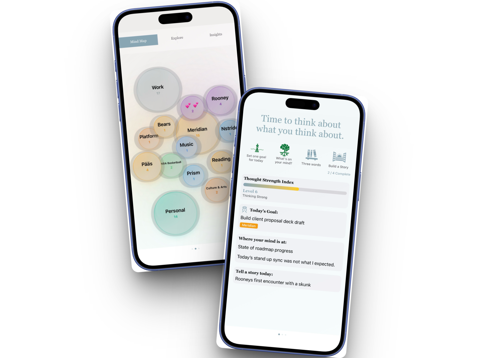Meridian cognitive training interface showing thought organization and mind mapping